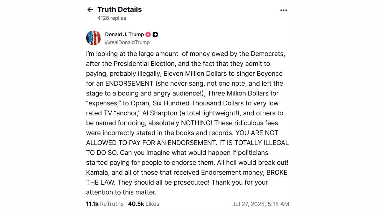 L to R: Donald Trump's Truth Social post (image via Truth Social/@realDonaldTrump)